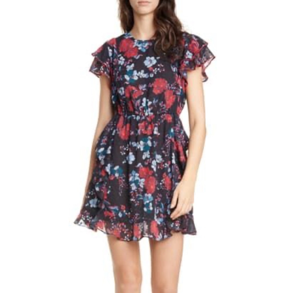 Dolan Julia Clip Dot Jacquard Chiffon Black and Red Floral Mini Ruffle Dress - Picture 1 of 10
